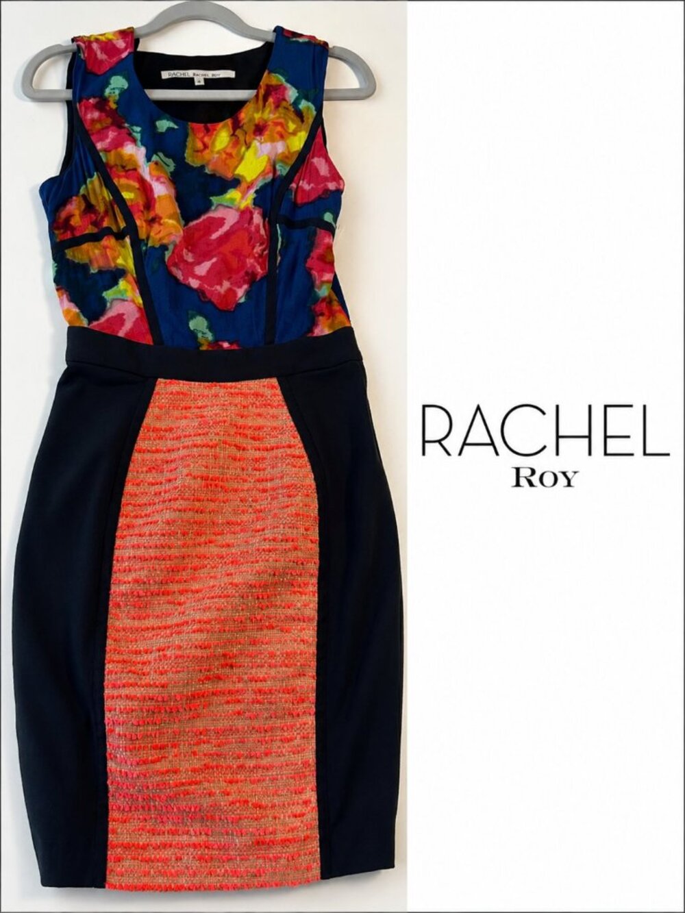 RACHEL ROY  Floral Shanghai Ochre Lotus Colorblock Tweed Dress Size 2